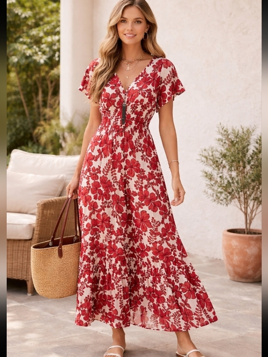Nicole Miller Dresses & Skirts - NWT Nicole Miller Red Floral Maxi Dress with V-Neck Size Large
